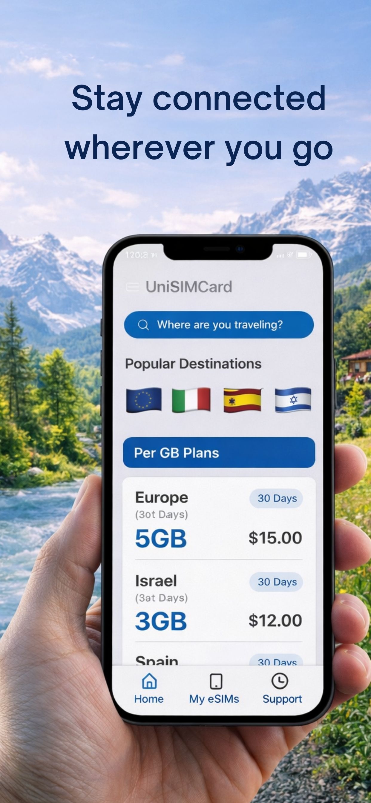 UniSIMCard app showing global data plans